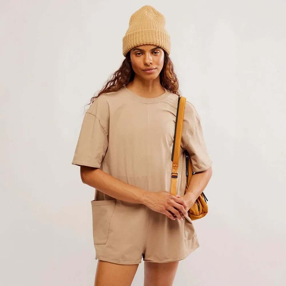 NWT Free People Movement Hot Shot Tee Romper Size S Mocha Latte New